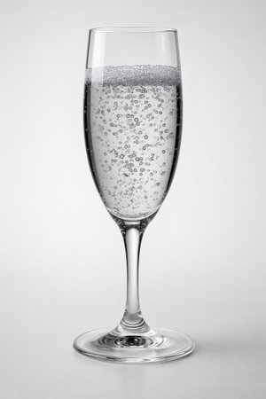 Champagne Flute Isolated on White Background with Rising Bubbles, Black and White Studio Photoの素材