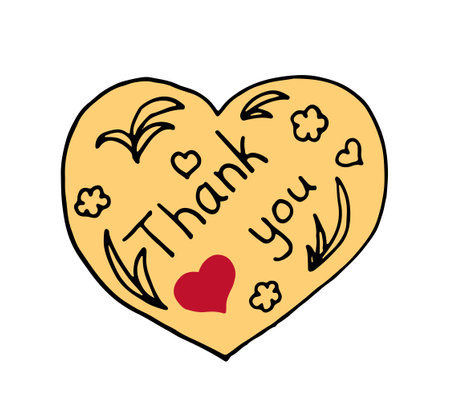 several colored doodle flowers, heart for thank you day with hand lettering, they can be used for postcards, posters, interior design and fabrics, web elementsのイラスト素材