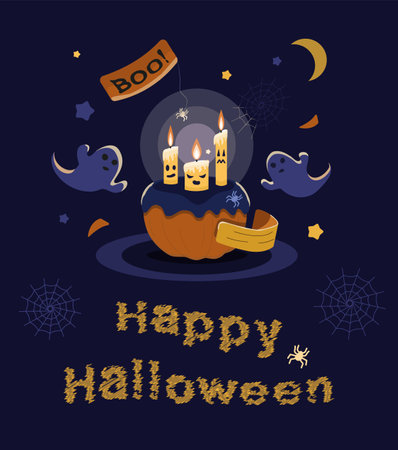 helloween day. Three candles stand on a pumpkin and burn brightly. ghosts fly around and spiders crawl. Vector illustration for postcards, web, invitations, posters and announcements of the partyのイラスト素材