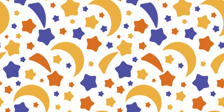 Seamless pattern with moon and stars. Cute design of cover children books, brochures, templates for school diaries. Vector illustration applied to fabric, factory, clothingのイラスト素材