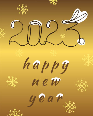 Golden greeting card with snowflakes Happy New Year. Golden background, hare ears, inscription. vector illustration. 2023. Doodle design style for christmas and New Yearのイラスト素材
