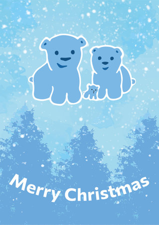 Christmas card bear family. Blue color. Background with christmas trees and snowfall. Vector illustration.のイラスト素材