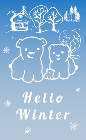 Polar bear family winter card with white outline. Blue color. Background with trees, village houseand, snowflakes, snowfall. Vector illustration.のイラスト素材