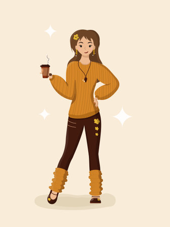 Girl standing with coffee. Vector illustration. Woman in orange striped sweater and brown pants.のイラスト素材