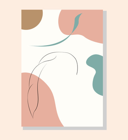 Boho poster wall art. Flowers, organic shapes and girl. line art style. vector illustration. Stylish design for print, covers and postcardsのイラスト素材