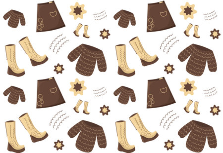 Seamless pattern with warm clothes, boots, skirt, jacket. Brown, beige. vector illustration. Style design for banners, cover, notebook, fabric, clothing, papers, template, social networksのイラスト素材