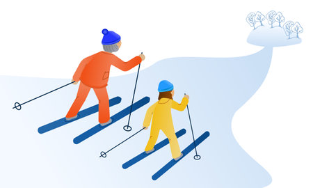 Winter sports. grandmother and granddaughter. Elderly and child. vector illustration. iandscape. Elements For products, print, packaging, cover, poster, wall art, website designのイラスト素材