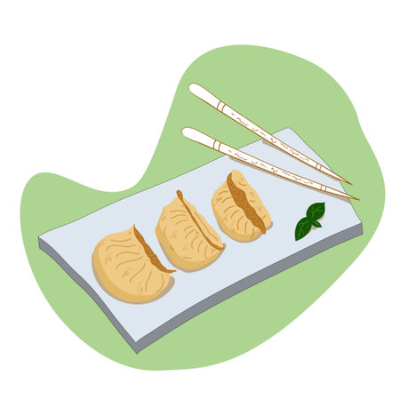 Chinese dumplings on plate with Chopsticks. Delicious Asian food Traditional. Vector illustration.のイラスト素材