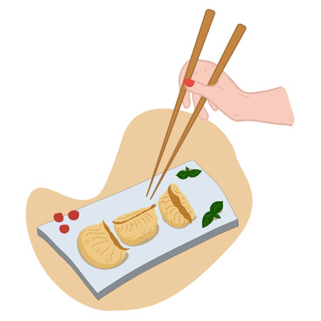 Chinese dumplings on plate with Chopsticks. Delicious Asian food Traditional. Vector illustration.のイラスト素材