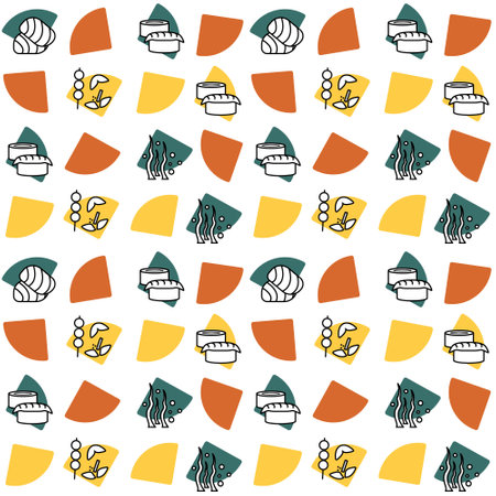 Seamless pattern with sushi, rolls, sweets, fish, seaweed. Asian food. vector illustration. Orange...