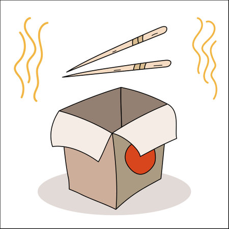 Asian food. Wok box empty and chopsticks. Chinese chopsticks, noodles. vector illustration. Image for cover, menu, postcards, banner and social media postのイラスト素材