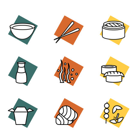 Set wok icons for noodles and sushi. Asian food. vector illustration. Orange yellow aquamarine. Design for cover, menu, postcards, banner and social media post, logotype.のイラスト素材