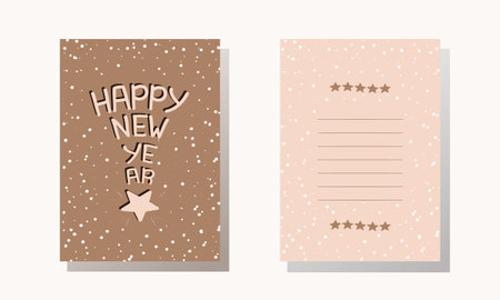 Postcards Happy New Year in trendy colors with star and snowflak. Beige and pink. Cover and back for card. vector illustration. Design for Christmas cards, covers, posters, social media posts, print.のイラスト素材