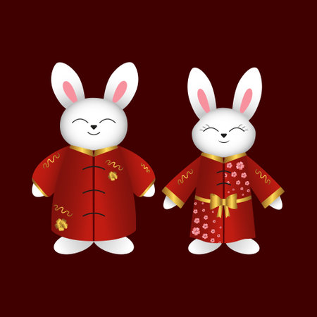 Chinese rabbits, bunnies, hare in red kimono. Vector illustration.Chinese new year design element for cover, print, postcards, web, invitations, posters and announcements of the partyのイラスト素材