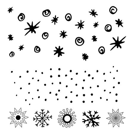 Doodle snowflakes and snowfall. vector illustration. Design for Web, print, pattern, cover, article illustration, banner, postcard, post, copy spaceのイラスト素材