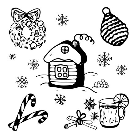 Doodle Winter. Christmas wreath tree toy, caramel, grog hot drink, rustic house. vector illustration. Design for Web, print, pattern, cover, article illustration, banner, postcard, post, copy spaceのイラスト素材