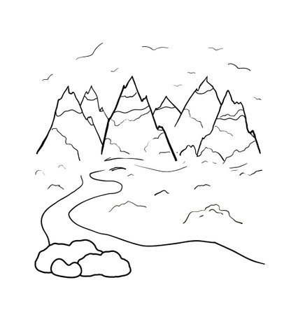 Coloring page Landscape with mountains, birds, road and stones. Line art Vector illustration. Natural Picture for coloring, print, fabric, textile, merch, covers and backs of notebooks.のイラスト素材