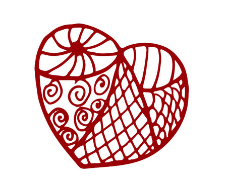 Doodle Heart with Swirls. vector illustration. red color. Design element for valentines day, love, thanks day. Image for book, cover, web, printing, design illustrations in the style of outlineのイラスト素材