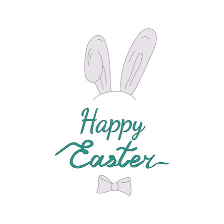 Happy easter greeting card with gray bunny ears, bow tie and green lettering. Vecrot illustration. Design Cute card cover and pages for the postcard, notebook, brochures, templates, banners, storiesのイラスト素材