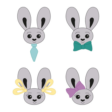 Bunny head boys and girls character. Vector illustration. Rabbits with bows, tie, bow tie, ribbons.のイラスト素材