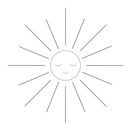 Sun outline vector coloring illustration. Icon sun smiles and long rays recede to the sides. Sun for...