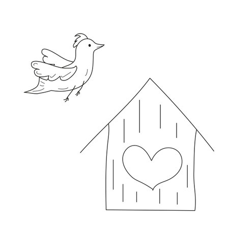 bird and bird house. Doodle vector illustration. The arrival of spring. Coloring book for children. For Coloring, card, poster, coves, postcards, scrapbooking, textile, fabric, craft paper, notebook, fabric.のイラスト素材