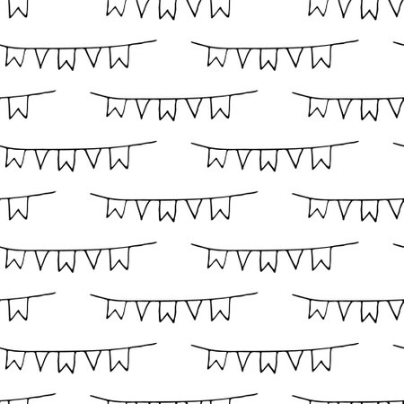 Holiday flags Seamless pattern Doodle style. Outline Vector endless. Black and whute illustration.のイラスト素材