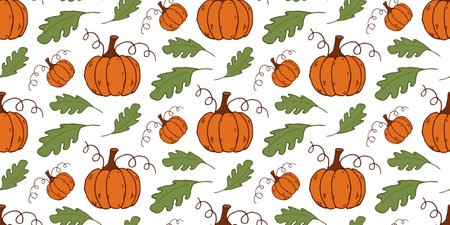 Seamless pattern Pumpkins and leaves. Vector imege doodle style. Green and orange.のイラスト素材