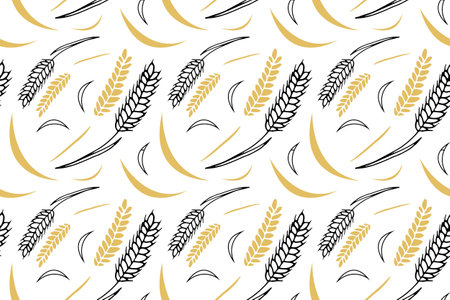 Wheat seamless pattern Doodle style. Vector outline endless image. Trendy wheat theme pattern.のイラスト素材
