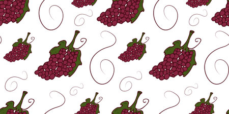 Grape Doodle seamless pattern. Vector outline wine color with curls. Bunch of grapes endless image.のイラスト素材