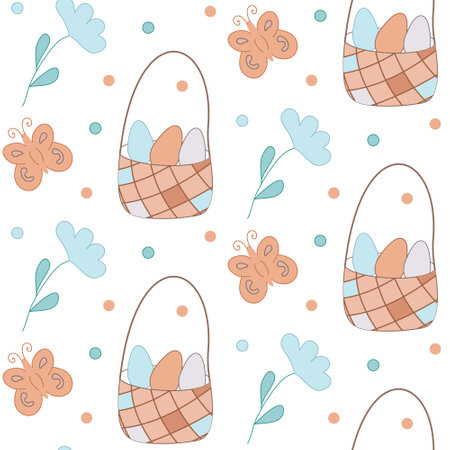 Seamless pattern Basket with eggs. Wicker basket. Vector for Easter in doodle style. pastel colors. Design for print, card, poster, coves, scrapbooking, textile, fabric, wallpaper, banners, notebook.のイラスト素材