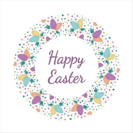 Easter Wreath. Colored eggs and heart. Doodle vector illustration. Happy Easter lettering. Design for card, bunner, cover, books, brochures, fabric, papers, notebook, fabric, scrapbooking.のイラスト素材