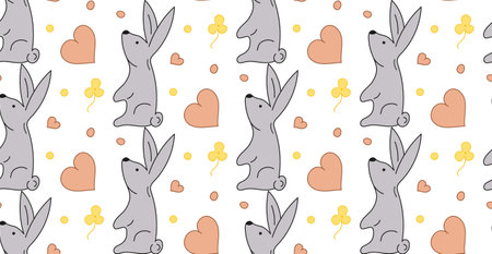 Seamless pattern Rabbit, flower, hearts. pastel vector. Texture of Easter gift, textile. Illustration for background, card, poster, coves, scrapbooking, textile, fabric, craft paper, banner, notebook.のイラスト素材