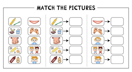 Match the pictures. Vector Bathroom elements and personal hygiene items. Worksheet development baby. Preschool Cards for the development of children for image matching. For print and digital use.のイラスト素材