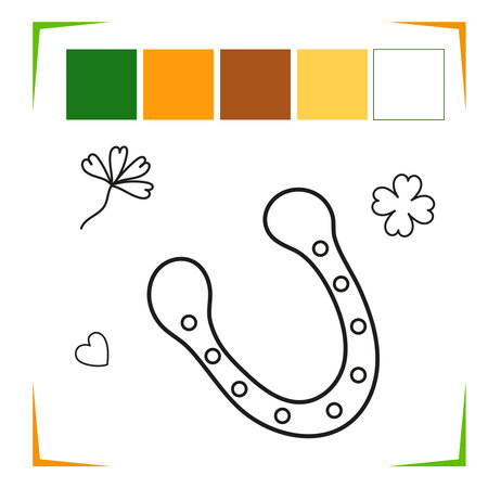 Horseshoe Coloring Page. Coin Vector Educational worksheet colored by sample. paint game. Elements for coloring book, page, printing, design illustrations in the style of outline for kidsのイラスト素材