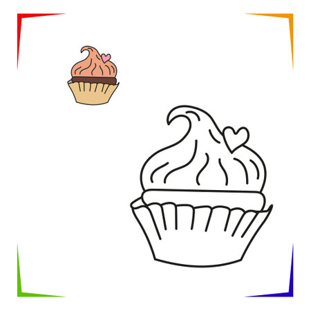 Cupcake Coloring Page. Vector Educational worksheet colored by sample. paint game. Elements for coloring book, page, printing, design illustrations in the style of outline for kids.のイラスト素材