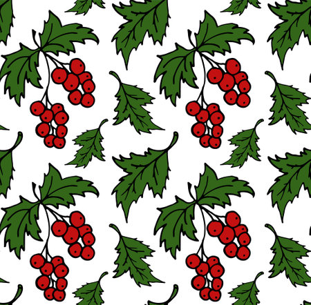 Red berries seamless pattern. Doodle Berry vector for fashion, print, textile, cover. Red, green. Pattern for background, card, poster, coves, scrapbooking, textile, wrapping, banners, notebook.のイラスト素材