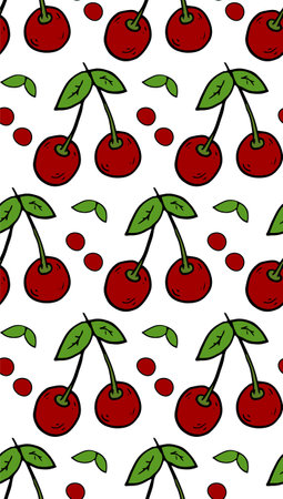 Cherry seamless pattern. Doodle Berry colorful vector for fashion, print, textile, cover. Red, green. Pattern for background, card, poster, coves, scrapbooking, textile, wrapping, banners, notebook.のイラスト素材