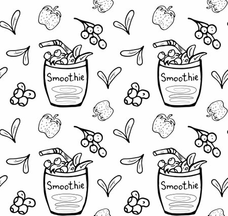 Smoothies with berries seamless pattern. Blueberry, strawberry, currant Black and white vector image. Pattern for background, card, poster, coves, scrapbooking, textile, wrapping, banners, notebook.のイラスト素材