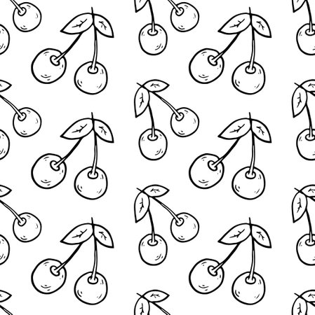 Cherry Doodle seamless pattern. Berry Black and white vector for fashion, print, textile, cover. Pattern for background, card, poster, coves, scrapbooking, textile, wrapping, banners, notebook.のイラスト素材