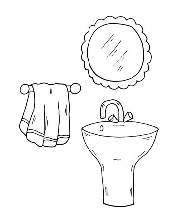 Coloring Page washbasin, towel, mirror. Vector Educational worksheet. Vector image. Paint game.のイラスト素材