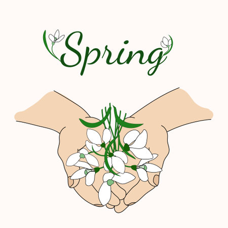 snowdrops. Spring Vector card. flowers in hands. First spring flowers. snowdrop day poster. Design elements for card, illustration, cover, postcards, print, scrapbooking, poster, social media post.のイラスト素材