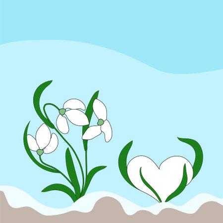 Snowdrops and Heart like snowdrops growing from the soil. vector illustration. First spring flowers. Spring Design for illustration, cover, postcards, print, scrapbooking, poster, social media post.のイラスト素材