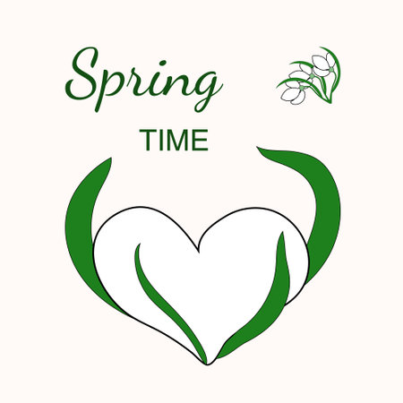 snowdrops. Spring time vector card. Heart like snowdrops. Vector first flowers for spring design. Design for card, illustration, cover, postcards, print, scrapbooking, poster, social media post.のイラスト素材
