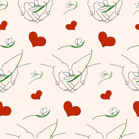 Snowdrop in hands Seamless pattern with heart. Vector First spring flowers for fabric, textile, wrapping paper. Spring background, card, poster, coves, scrapbooking, banners, notebook, print.のイラスト素材