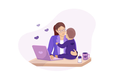 Woman mother freelancer working home with child. vector illustration. Work during motherhood. Mom works at the laptop, and the child sits nearby on the table. Loving mother with a baby. Pink, lilac.のイラスト素材