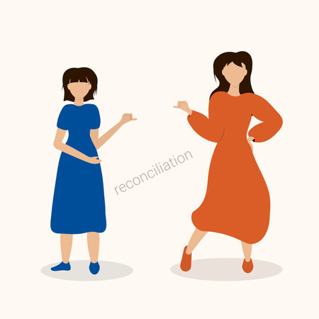 Two friends reconcile on the little fingers. . Flat vector illustration of friendship and trust. Reconciliation concept for icon, cover, postcards, print, scrapbooking, poster, social media post.のイラスト素材