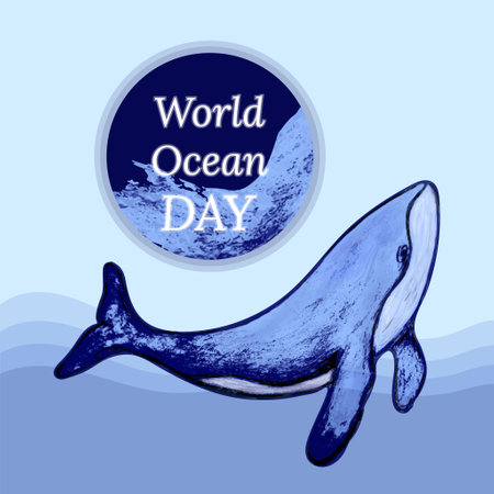 Art concept World Oceans Day. Vector illustration with whale and wave. Ocean and sea theme poster.Chalk effect drawing. Emblem design for poster, card, web element, cover, print, landing page.のイラスト素材