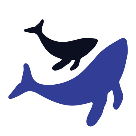 Whale and baby whale blue silhouette. vector illustration. Concept the world day ocean, sea, marine animals. Elements for icon, cover, print, poster, card, web element, card for children.のイラスト素材