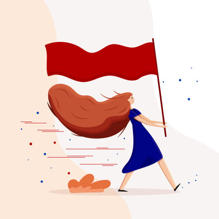 Women walking with red flag vector. Victory Day and professional workers, international labor day. Flag in the hands of girl. Design for banner, poster, cover, social media post, flyers, greeting cardのイラスト素材